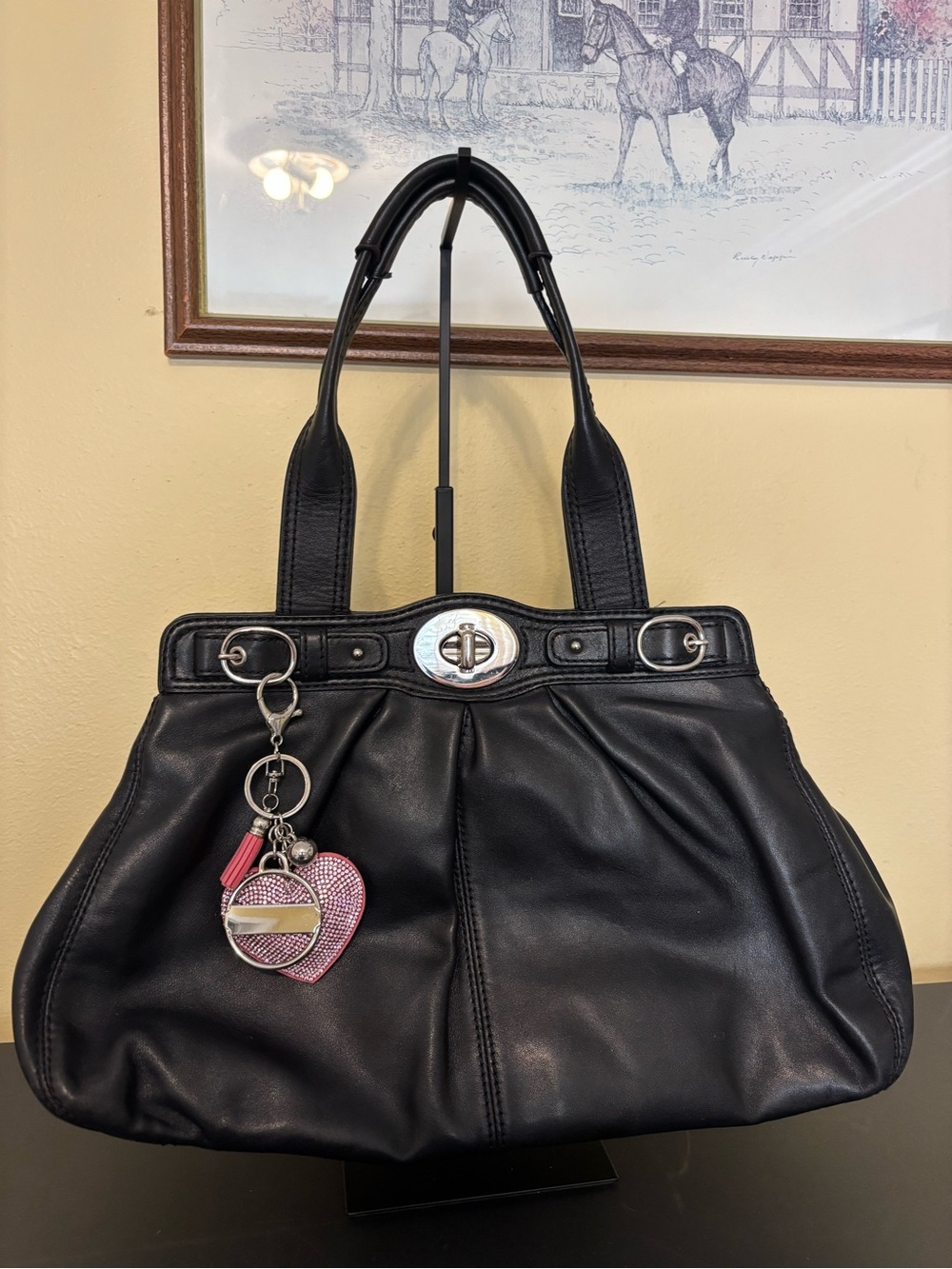 Coach Calfskin Leather Garnet Handbag Black with Turn-lock Closure